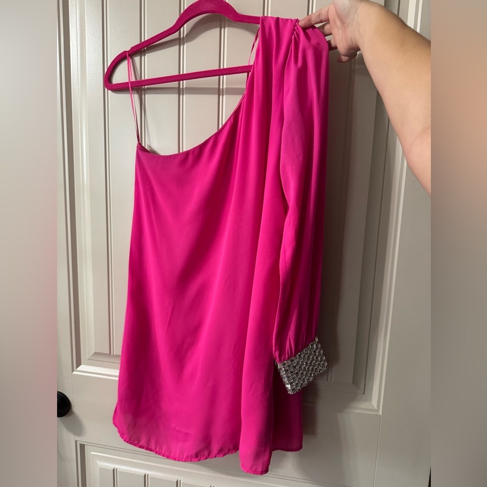 DEPRI 💎 Pretty In Hot Pink One-Shoulder Mini Dress, Diamond Cuff (Women’s Large) - Picture 6 of 10